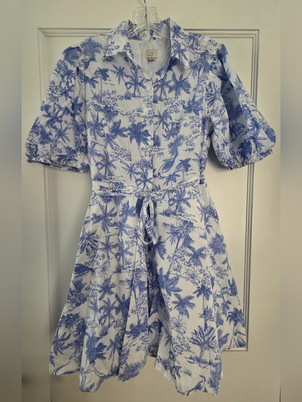 Women's Blue & White Tropical Print Shirt Dress